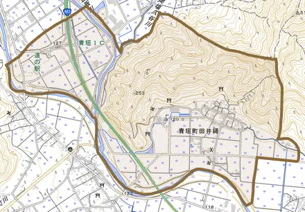 青垣町田井縄とその周辺の地図。町の範囲を重ねている
