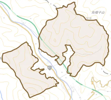 青垣町山垣とその周辺の地図。町の範囲を重ねている