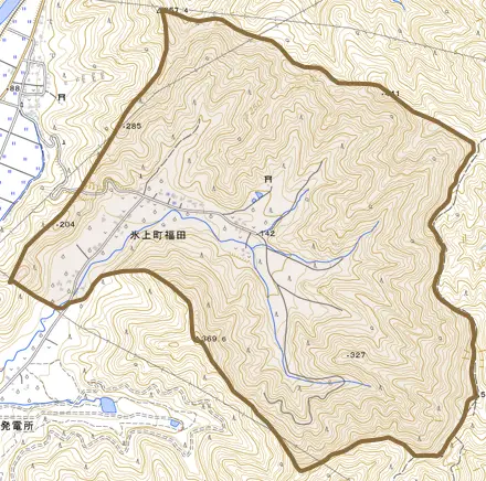 氷上町福田とその周辺の地図。町の範囲を重ねている