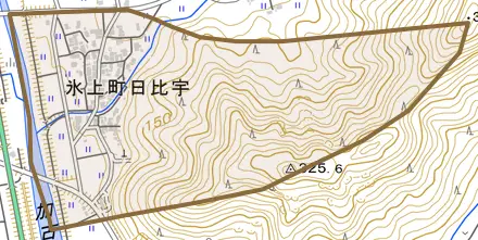 氷上町日比宇とその周辺の地図。町の範囲を重ねている
