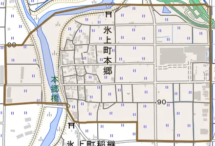 氷上町本郷とその周辺の地図。町の範囲を重ねている