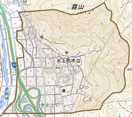 氷上町市辺とその周辺の地図。町の範囲を重ねている
