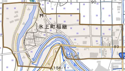 氷上町稲継とその周辺の地図。町の範囲を重ねている