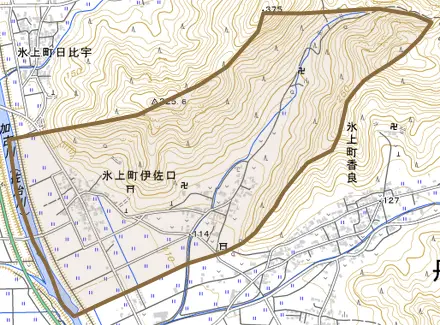 氷上町伊佐口とその周辺の地図。町の範囲を重ねている