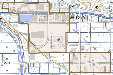 氷上町石生とその周辺の地図。町の範囲を重ねている