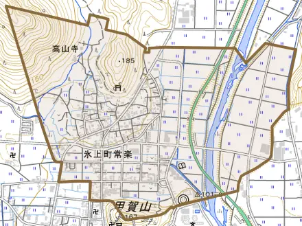 氷上町常楽とその周辺の地図。町の範囲を重ねている