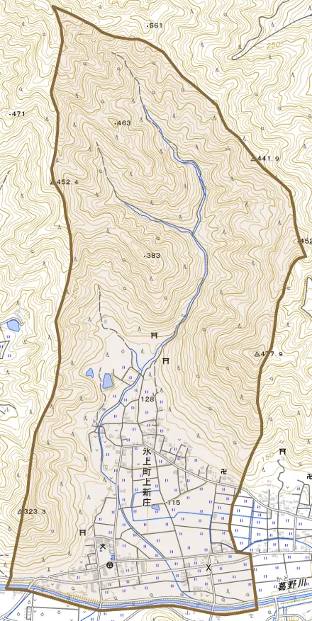 氷上町上新庄とその周辺の地図。町の範囲を重ねている