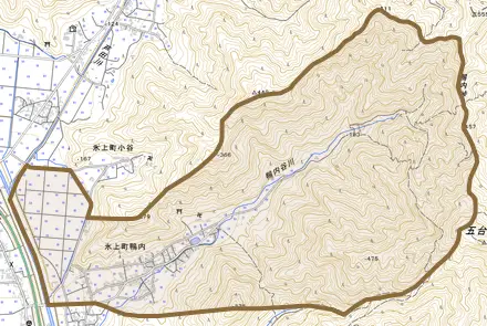 氷上町鴨内とその周辺の地図。町の範囲を重ねている