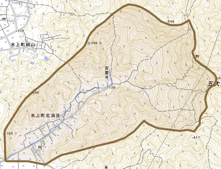 氷上町北油良とその周辺の地図。町の範囲を重ねている