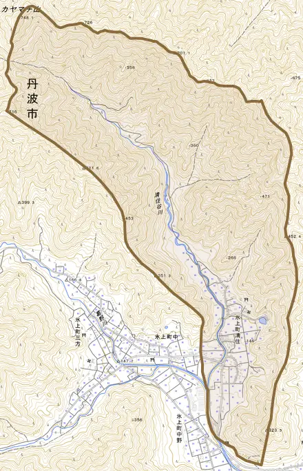 氷上町清住とその周辺の地図。町の範囲を重ねている