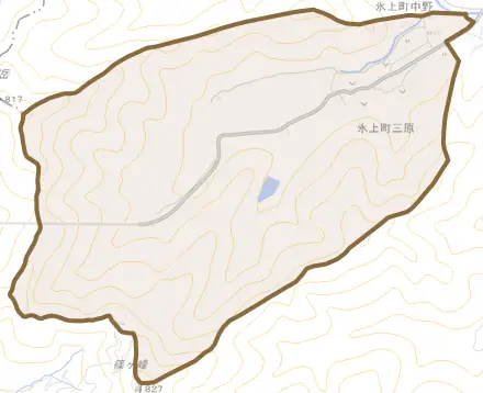 氷上町三原とその周辺の地図。町の範囲を重ねている