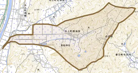 氷上町南油良とその周辺の地図。町の範囲を重ねている