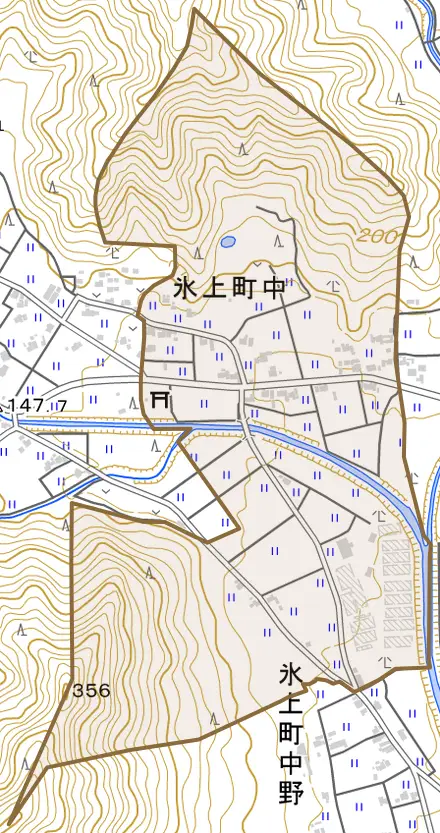 氷上町中とその周辺の地図。町の範囲を重ねている