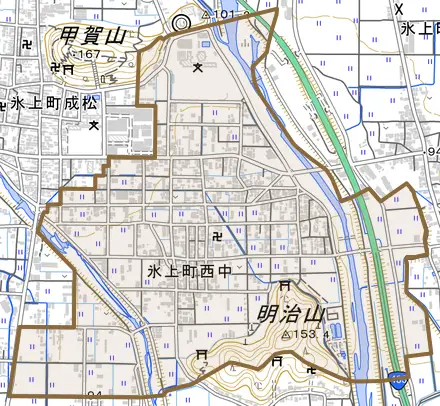 氷上町西中とその周辺の地図。町の範囲を重ねている