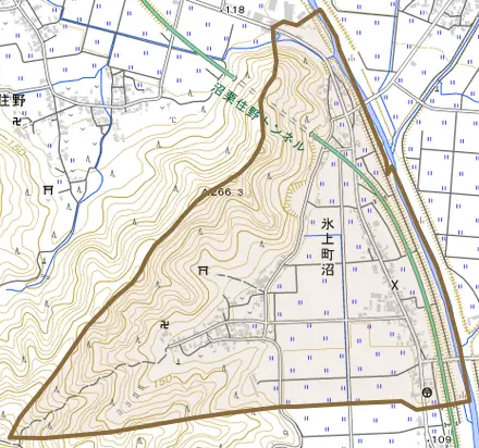 氷上町沼とその周辺の地図。町の範囲を重ねている