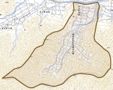 氷上町長野とその周辺の地図。町の範囲を重ねている