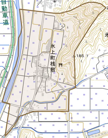 氷上町桟敷とその周辺の地図。町の範囲を重ねている