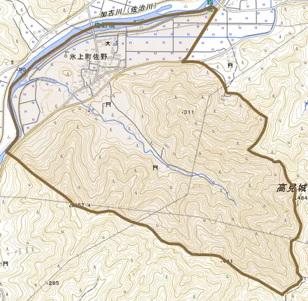 氷上町佐野とその周辺の地図。町の範囲を重ねている
