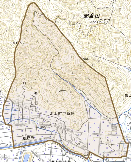 氷上町下新庄とその周辺の地図。町の範囲を重ねている