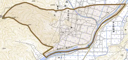 氷上町谷村とその周辺の地図。町の範囲を重ねている