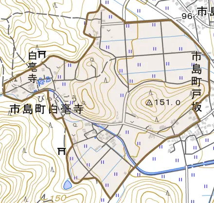 市島町白毫寺とその周辺の地図。町の範囲を重ねている
