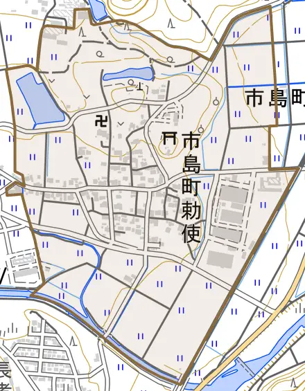 市島町勅使とその周辺の地図。町の範囲を重ねている
