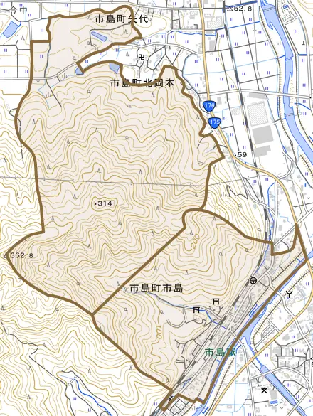 市島町市島とその周辺の地図。町の範囲を重ねている