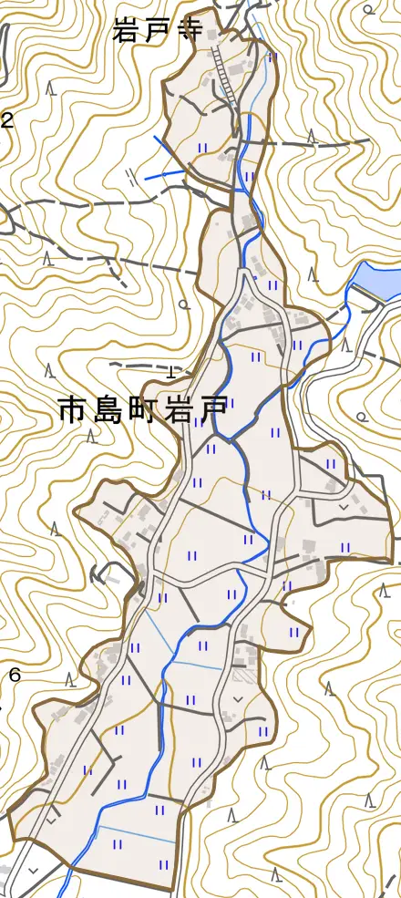市島町岩戸とその周辺の地図。町の範囲を重ねている