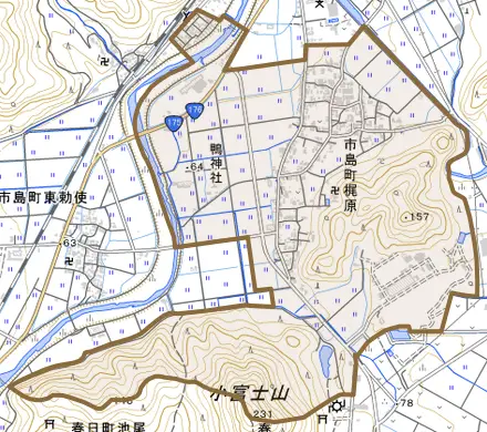市島町梶原とその周辺の地図。町の範囲を重ねている