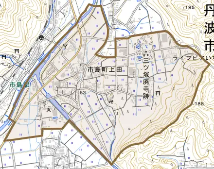 市島町上田とその周辺の地図。町の範囲を重ねている