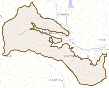 市島町上鴨阪とその周辺の地図。町の範囲を重ねている