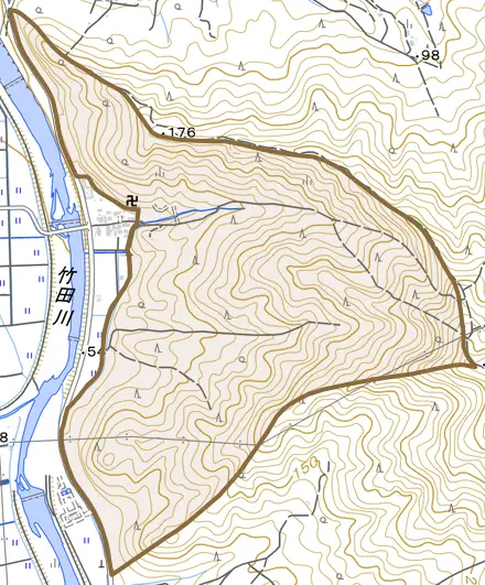 市島町上竹田とその周辺の地図。町の範囲を重ねている