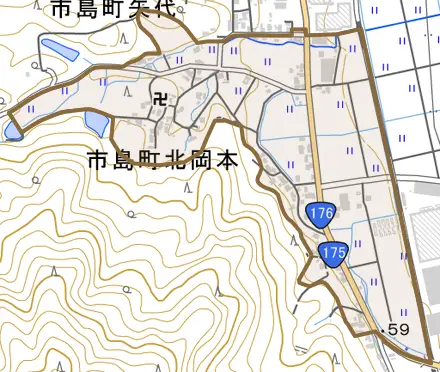 市島町北岡本とその周辺の地図。町の範囲を重ねている