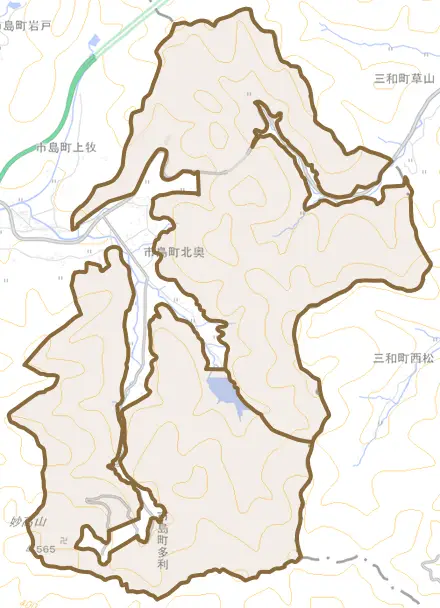 市島町北奥とその周辺の地図。町の範囲を重ねている