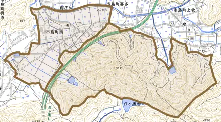 市島町南とその周辺の地図。町の範囲を重ねている