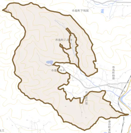 市島町乙河内とその周辺の地図。町の範囲を重ねている