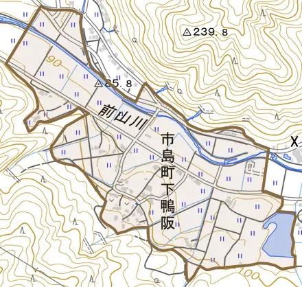 市島町下鴨阪とその周辺の地図。町の範囲を重ねている