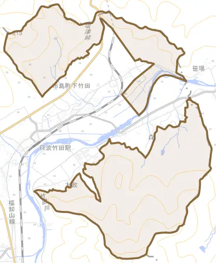 市島町下竹田とその周辺の地図。町の範囲を重ねている