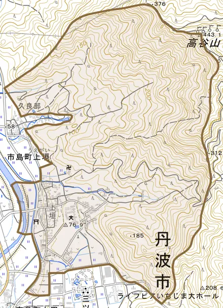 市島町上垣とその周辺の地図。町の範囲を重ねている