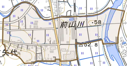 市島町矢代とその周辺の地図。町の範囲を重ねている