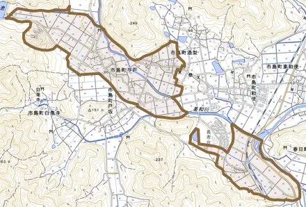 市島町与戸とその周辺の地図。町の範囲を重ねている