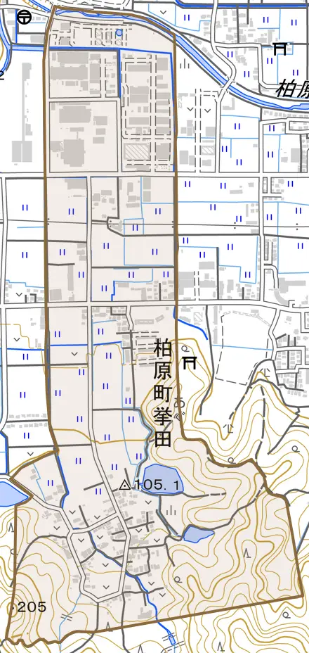 柏原町挙田とその周辺の地図。町の範囲を重ねている