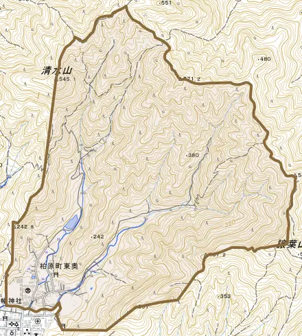 柏原町東奥とその周辺の地図。町の範囲を重ねている