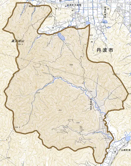 柏原町石戸とその周辺の地図。町の範囲を重ねている
