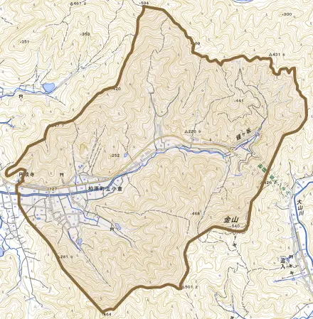 柏原町上小倉とその周辺の地図。町の範囲を重ねている