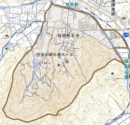 柏原町北中とその周辺の地図。町の範囲を重ねている