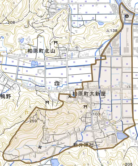 柏原町大新屋とその周辺の地図。町の範囲を重ねている