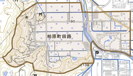 柏原町田路とその周辺の地図。町の範囲を重ねている