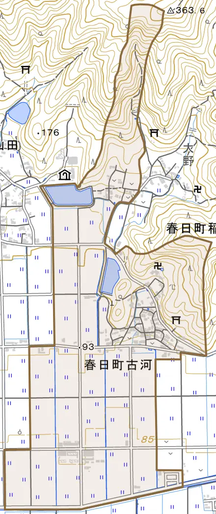 春日町古河とその周辺の地図。町の範囲を重ねている