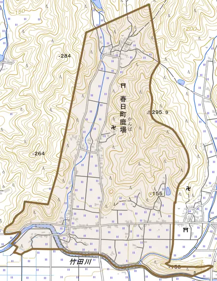 春日町鹿場とその周辺の地図。町の範囲を重ねている
